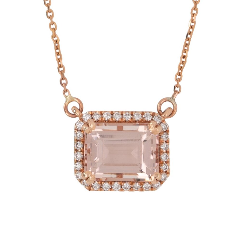 2.4cts Morganite Necklace in Solid 14K Rose Gold with Natural Diamond Halo